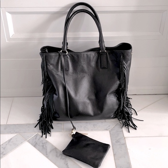 Barneys New York Handbags - BARNEY’S NEW YORK Black Leather Fringe Tote Bag / Purse